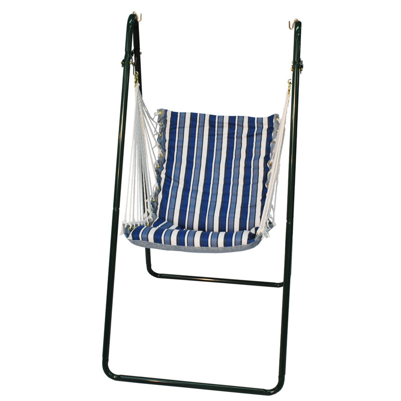 Blue Stripe Hanging Chair Hammock with Bronze Stand