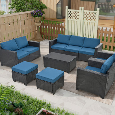 Ensemble de mobilier de patio en rotin 10 pièces, ensemble de canapé modulaire, ensemble de mobilier d'extérieur avec coussins et table basse en verre trempé (canapé de patio)