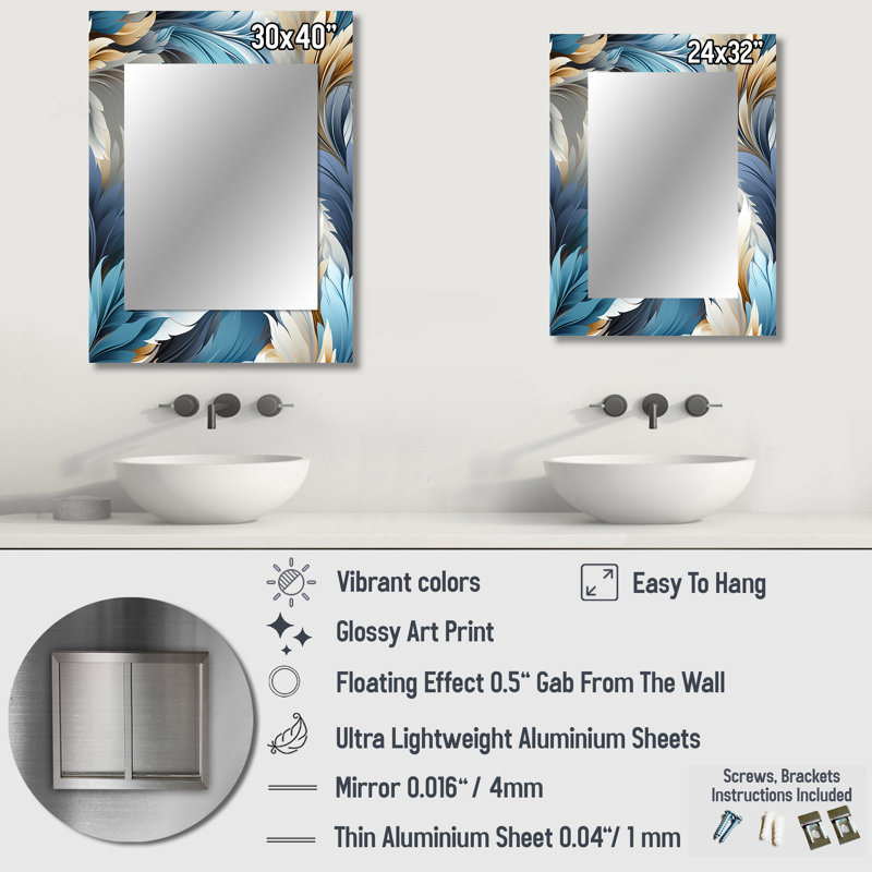 Altenwald blanc et bleu sarcelle fleurs sérénité - Paisley, miroir mural décoratif, cachemire floral, 32 po x 24 po