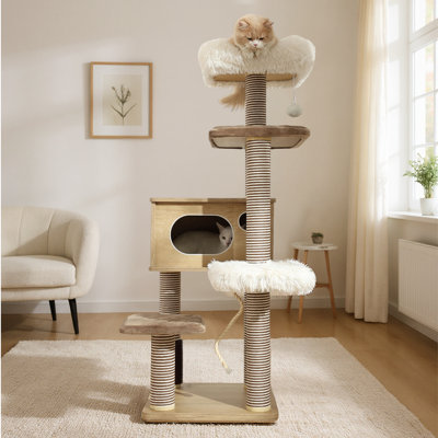 Cat Tree Tower, 52.2 in Wood Cat Condo with Sisal-Covered Scratching Posts and Cat Toy, Multi-Level Climbing Cat Furniture with Plush Platforms for Indoor Cats
