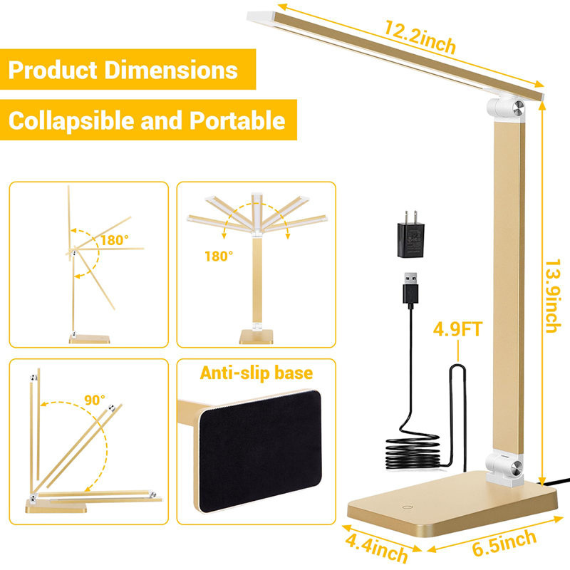 Petite lampe de bureau tactile à DEL à intensité variable 5000K sans souci avec charge USB, Doré
