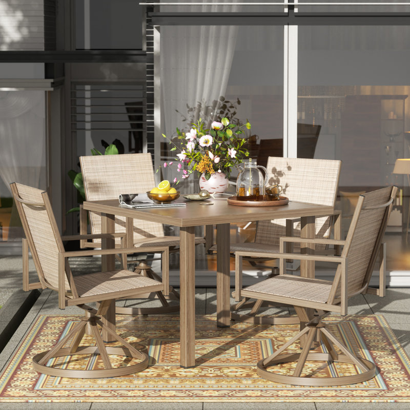 Ensemble de salle à manger d'extérieur 4 personnes, 4 chaises pivotantes et table de salle à manger en acier à grain de bois Bogdank