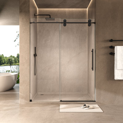 Mortix 48 In. W X 76 In. H Single Sliding Frameless Shower Door In Matte Black With 5/16 In. Clear Glass