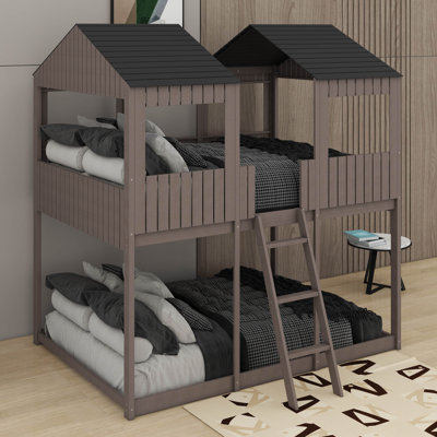 Full Over Full Wood Bunk Bed With Roof,Window, Guardrail, Ladder