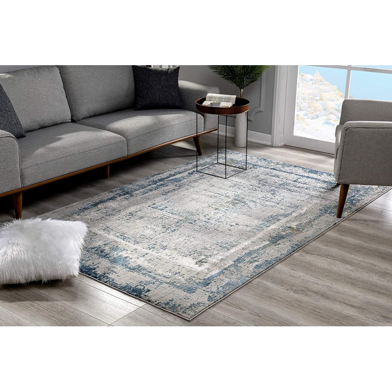 Ensemble de tapis abstrait crème / bleu, Rectangle 7 pi x 10 pi