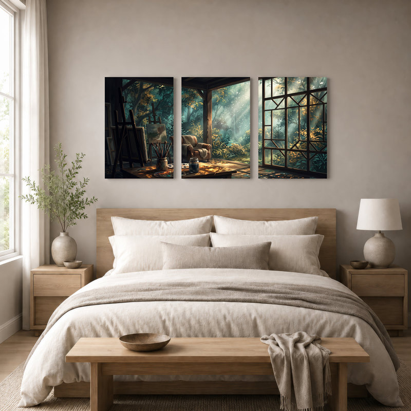 Toile d'artiste d'artiste avec chevalets et fenêtre ensoleillée, 18"H x 12"W x 3pcs