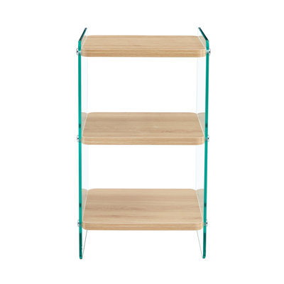 Three-layer bedside cabinet: mdf with wood stickers, tempered glass sides, simple elegant design, ample storage (110 characters)