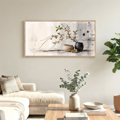 Art mural sur toile, "White Blossom Branch" dans des vases noirs et beiges