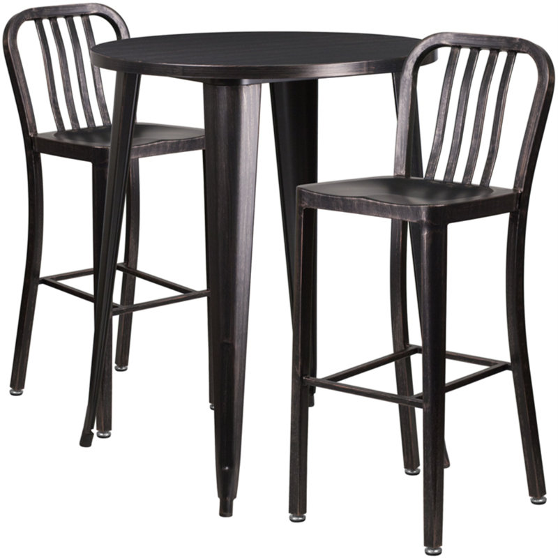 Drumfane 30'' Round Metal Indoor-Outdoor Bar Table Set with 2 Vertical Slat Back Stools, Black, 30'' x 30'' x 41''