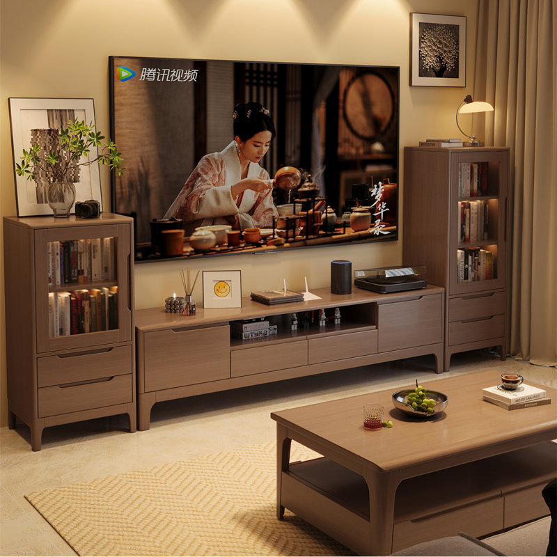 Meuble télé semi-ouvert de 200 cm (78,74 po) en bois d'hévéa brun, H 18,9 po x l 78,74 po x P 15,75 po