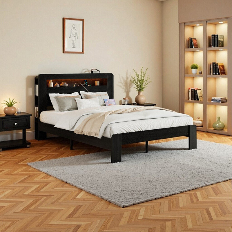 Lit plateforme double avec tête de rangement et station de charge USB, Double
