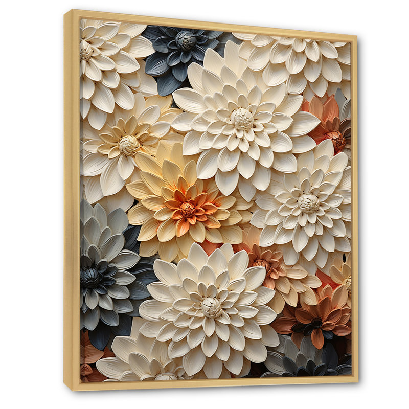 Collage de fleurs de zinnias beiges sur toile, Cadre naturel flottant, 20" H x 12" W