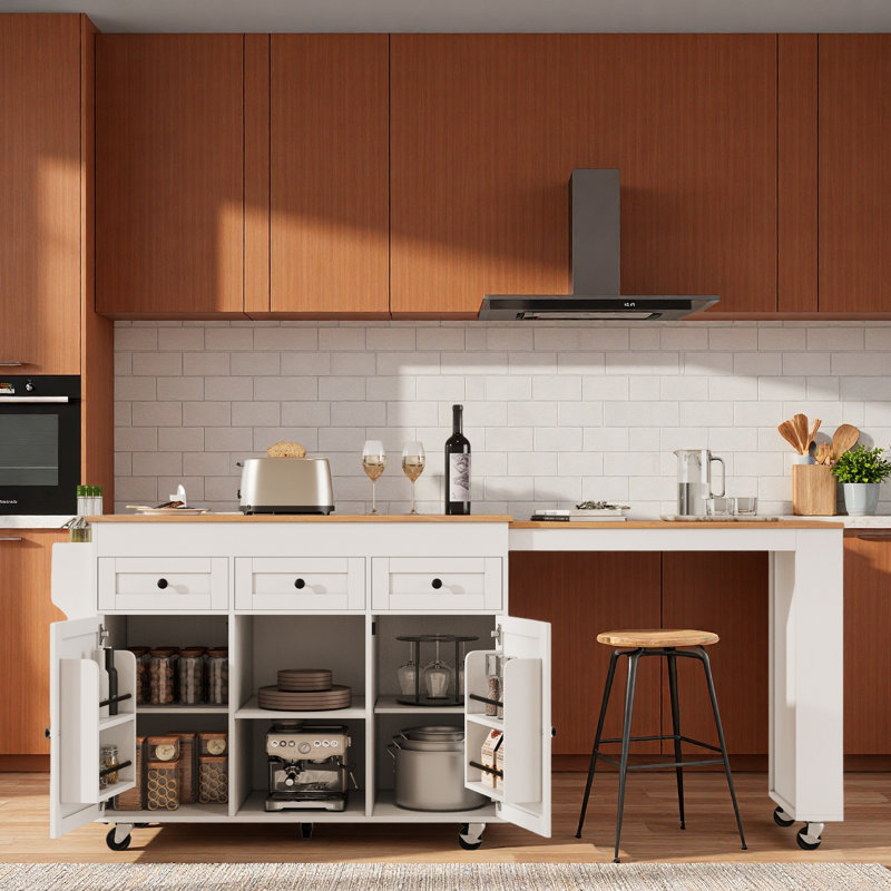 Rolling Kitchen Island With Extendable Dining Table, Charging Station, Three-tier Open Side Storage Rack, 3 Drawers And 2 Storage Cabinets