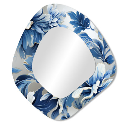 Blanc et bleu damassé Breeze II - miroir décoratif de forme irrégulière damassé, miroir mural asymétrique bohème, impression d'art en métal
