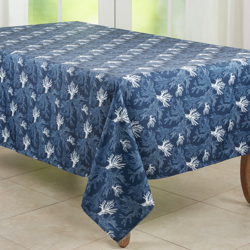 Navy Blue and White Coral Coastal Tablecloth, 65 x 120 in