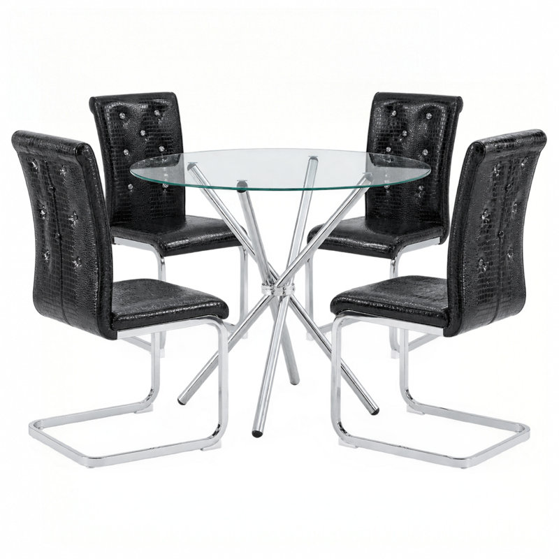 Ensemble de table de salle à manger 5 pièces en verre trempé rond avec chaises en similicuir, Black