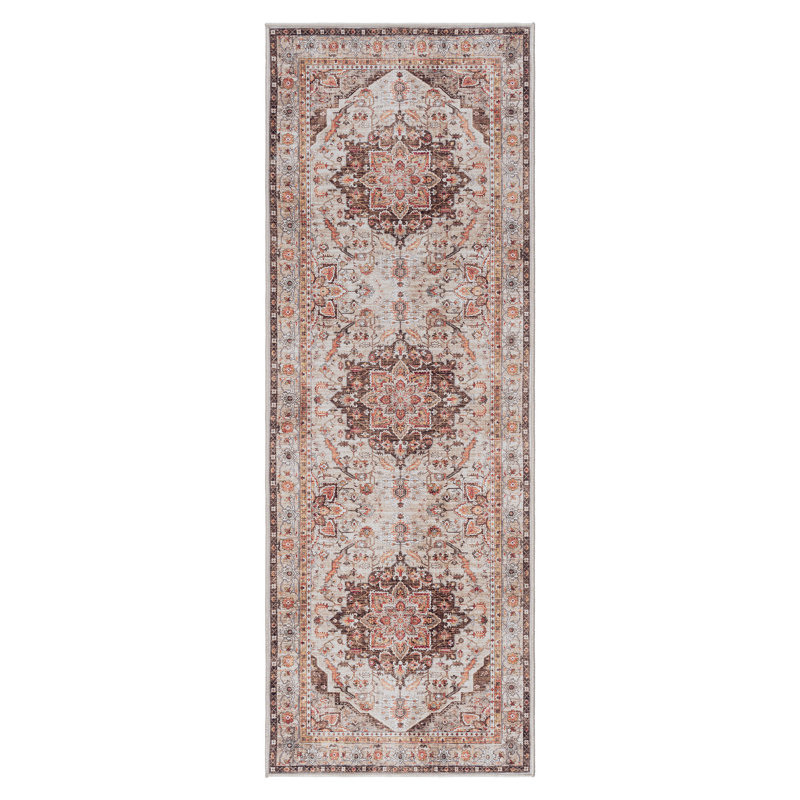 Samira Tiefi Brown Tan Ivory Machine Washable Traditional Medallion Indoor Area Rug, Flat Pile for Living Room & Bedroom - Brown, 2x6 Runner