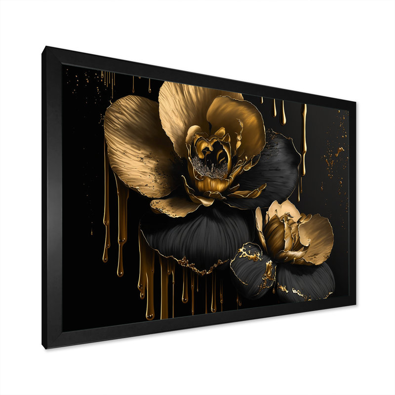 Orchidée noire et or II - art mural encadré orchidée, Cadre simple noir, H 12 po x l 20 po x P 1 po