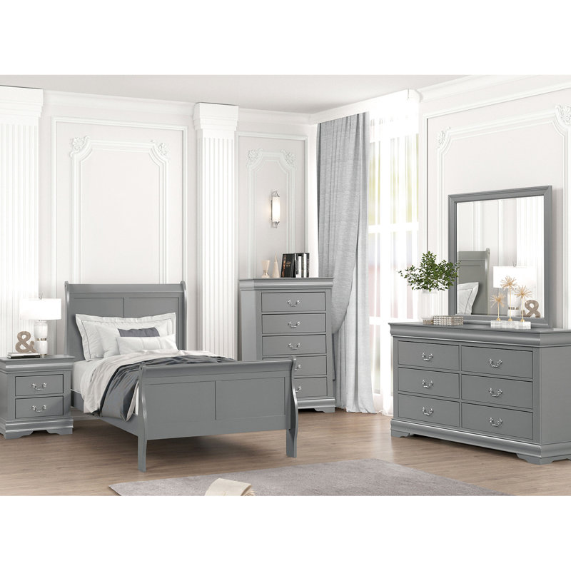 Structure de lit simple gris, style contemporain, bois massif, tiroir anglais, option d'ameublement de chambre à coucher