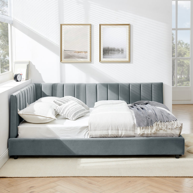 Structure de lit double capitonnée en velours, dossier de canapé avec dossier confortable et accoudoirs, gris