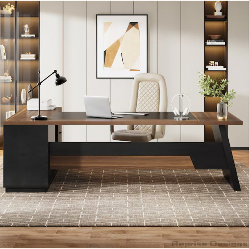 78.7" L-Shaped Executive Desk With File Cabinet And Drawers, Walnut/Black