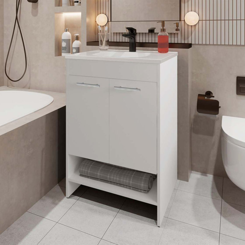 Meuble-lavabo blanc à 2 portes avec rangement ouvert, Blanc