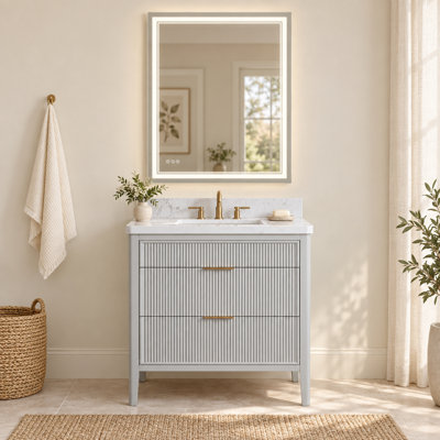 Meuble-lavabo sur pied gris de 76 cm avec lavabo intégré et miroir de courtoisie à DEL de 81 x 102 cm.