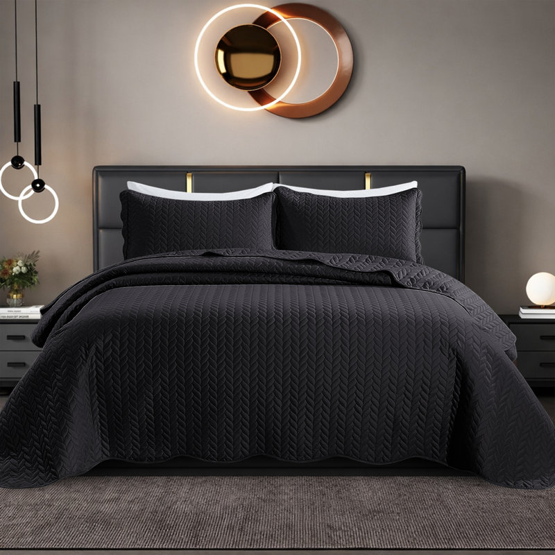 Embossed Microfiber Quilt Coverlet Set, Twin ( 66 Inc x 86 Inc ), Black