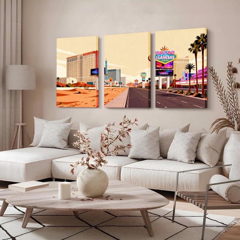 Ensemble de 3 toiles murales représentant un paysage urbain de Las Vegas, H 36 po x l 72 po