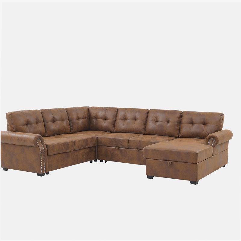 Faux Leather Fabric U-Shape Sectional Sleeper Sofa (Pull-Out Bed) With Storage Chaise