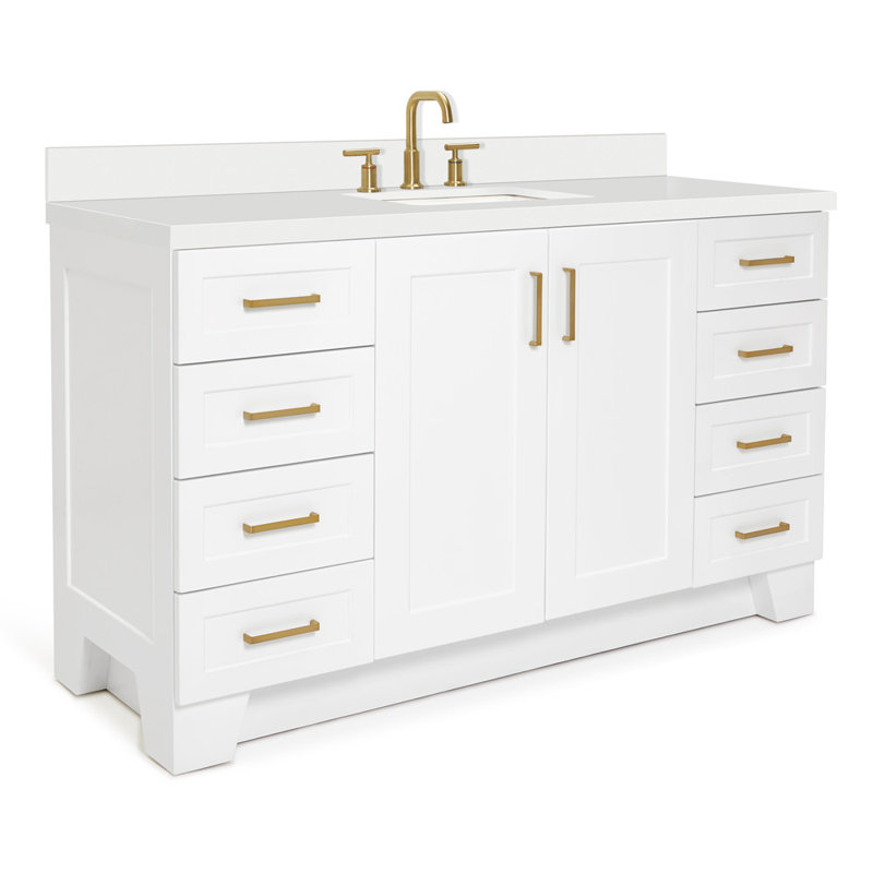Meuble-lavabo simple 60 po en bois massif blanc Freitas avec comptoir en quartz blanc Carrara de 1,5 po, évier central rectangulaire