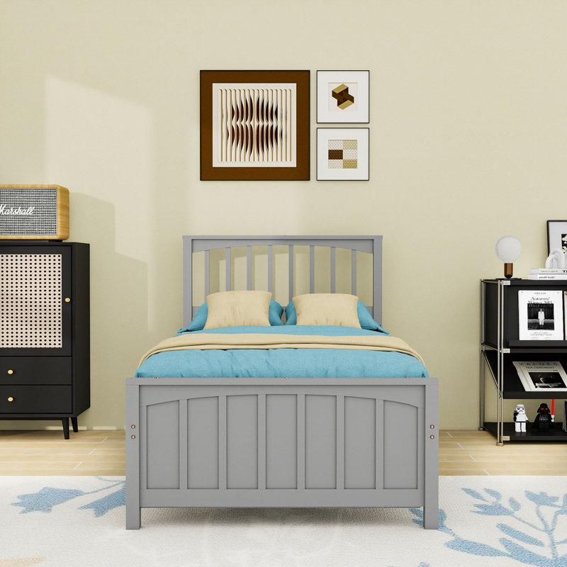 Twin Wood Platform Bed with Headboard, Gray