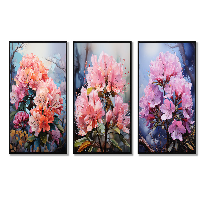 Mystical Rhododendron Symphony Whispers - Rhododendron Wall Decor Set Of 3, Black Floater Framed, 28" H x 36" W