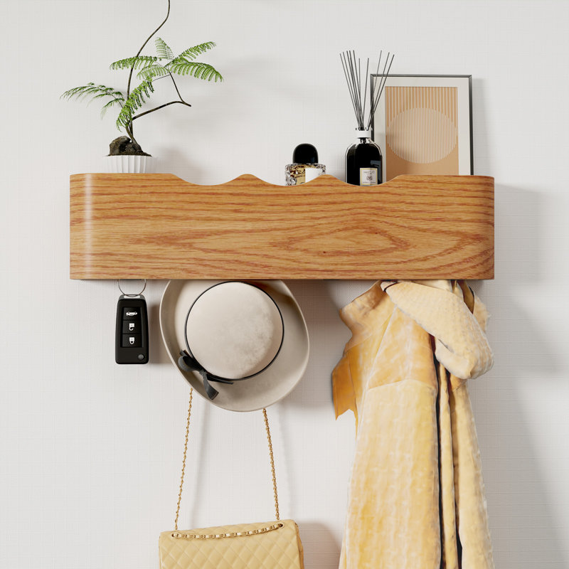 Modern Wood Coat Rack with Hidden Hooks and Entryway Hanging Shelf for Bedroom, Kitchen, Hallway, and Bathroom, Light Brown