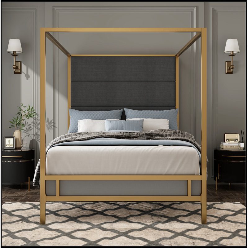 Tête de lit tapissier en métal avec grand lit en métal, Doré