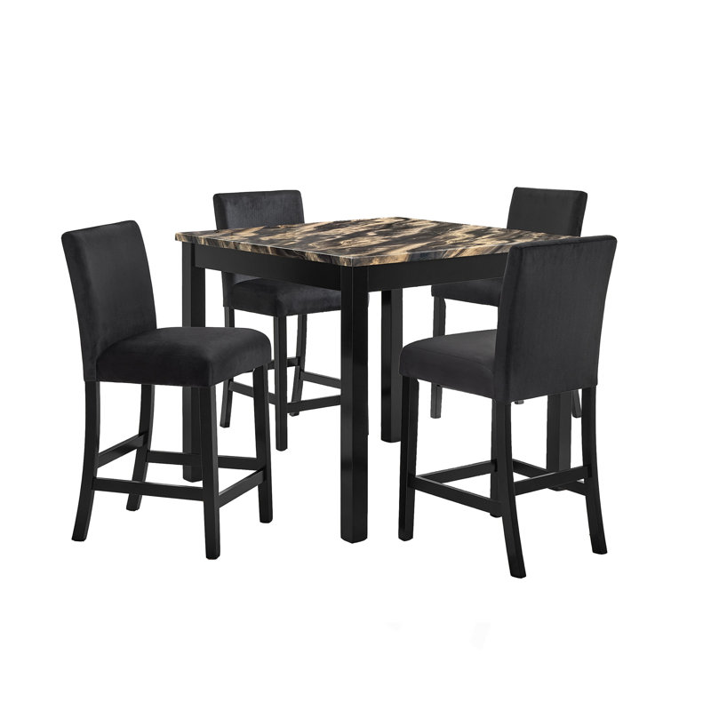 Ensemble de salle à manger à hauteur de comptoir 5 pièces Carré Faux marbre noir et noir