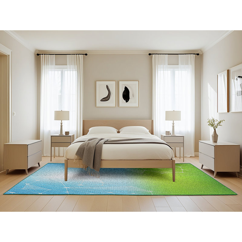 Tapis bleu/vert à motifs, Rectangle 5 pi x 8 pi