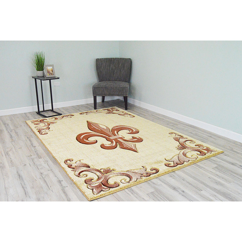 Tapis beige/brun oriental sculpté à la main 3d sculpted fleur de lis Walter
