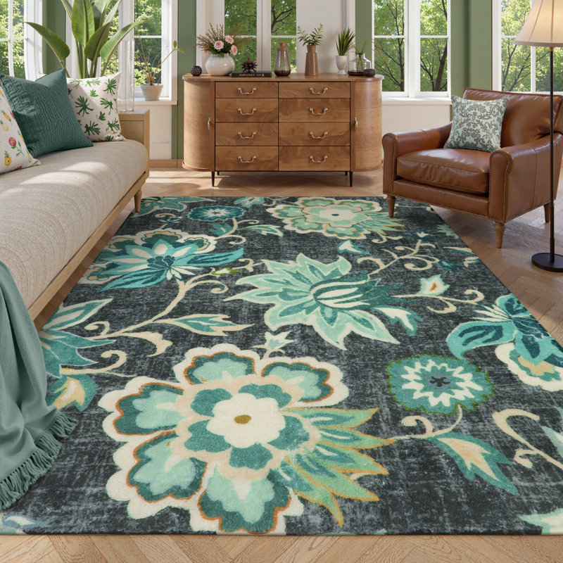 Tapis lavable à la machine à motif floral rétro avec envers antidérapant Tawann, Rectangle 5 pi x 7 pi