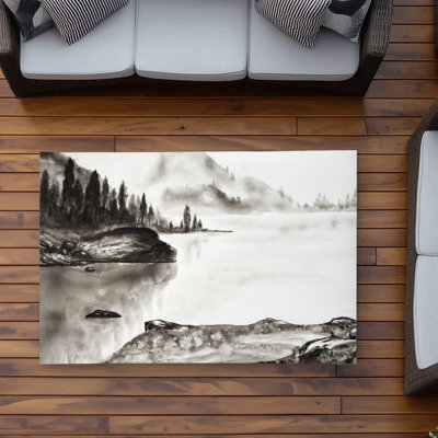 Peaceful landscape - Black & White Trees Outdoor Area Rug