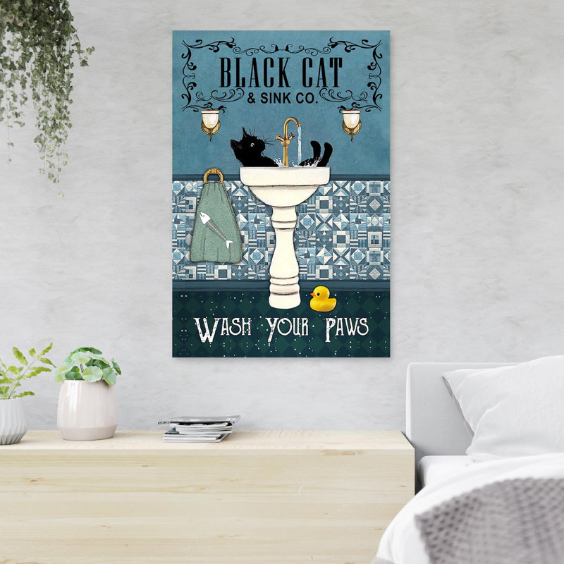 «Black Cat And Sink Co. - Wash Your Paws», reproduction d'art graphique sur toile tendue, H 20 po x l 16 po x P 2 po