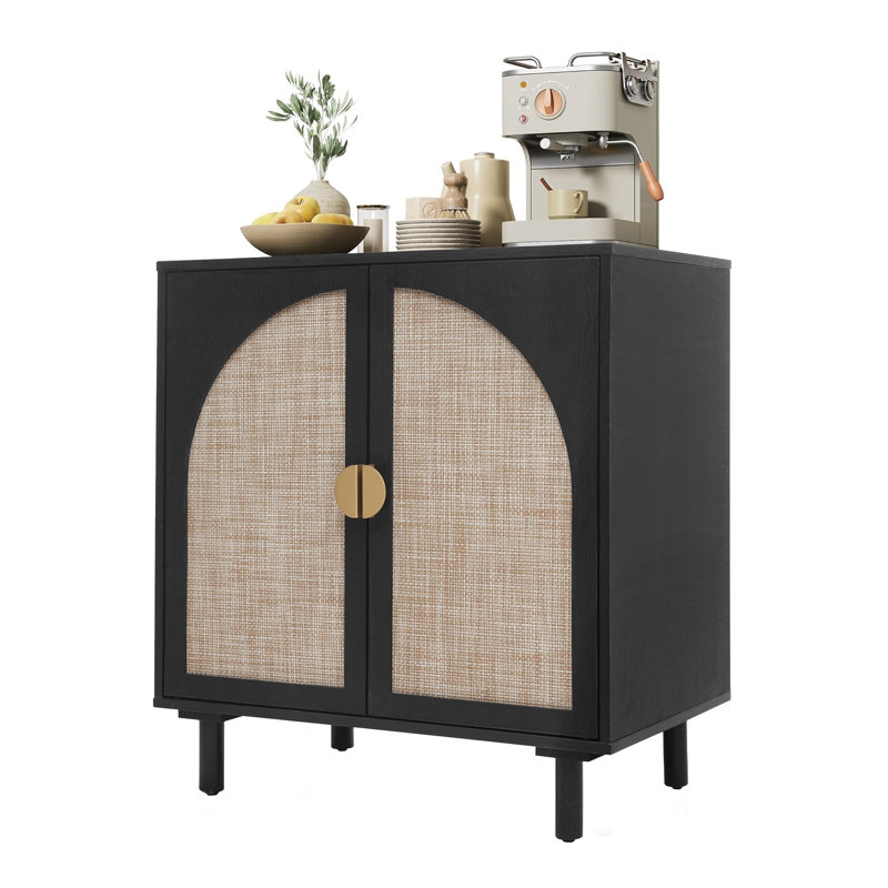 Modern Rattan Storage Cabinet, Black Wood Sideboard With Magnetic Latch,, Black