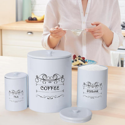 Country White Canisters Set of 3, Kitchen Storage Canisters with Airtight Lid for Coffee, Sugar, Tea