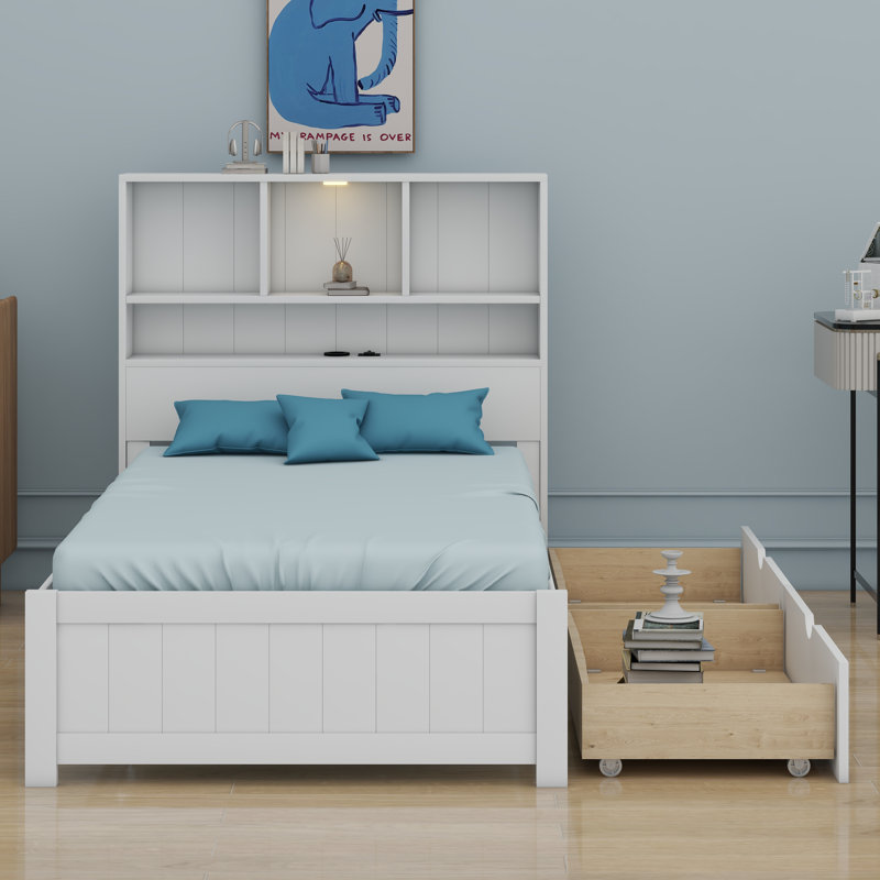 Platform Bed With Bookcase Headboard, White