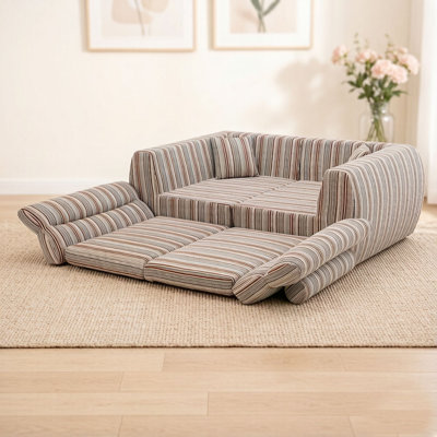 Woven Chenille Striped Compression Sofa, Straight Row Compact Couch with High-Density Sponge, No-Assembly Required Space-Saving Sofa for Living Room, Apartment, Office(White & Brown)