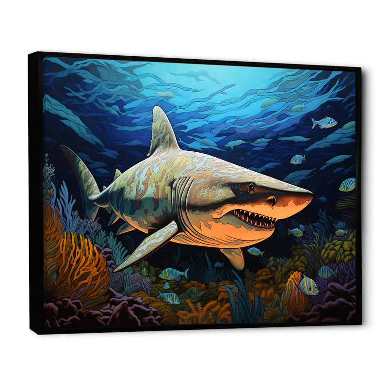 " Bull Shark Depths Photography I ", 16" H x 32" W x 1" D, Black Floater Framed
