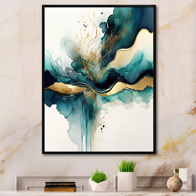 «Teal and Gold Abstract Expression III», art mural moderne sur toile, H 32 po x l 24 po, Reproduction avec cadre flottant