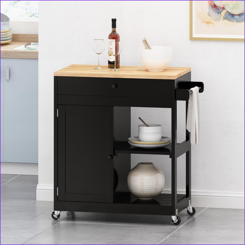 Chariot pour îlot de cuisine avec plateau en bois massif, rangement mobile de 32 po Roulettes à roulettes | Noir | Bois