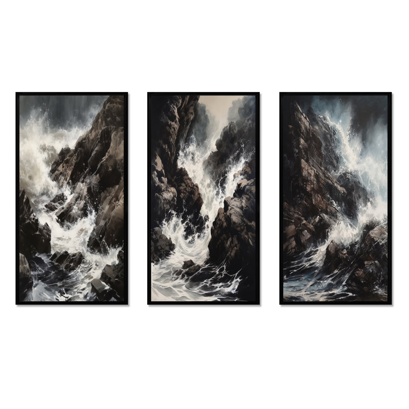 «Crashing Rocky Coastline», 3 pièces sur toile, Cadre flottant noir, H 20 po x l 36 po