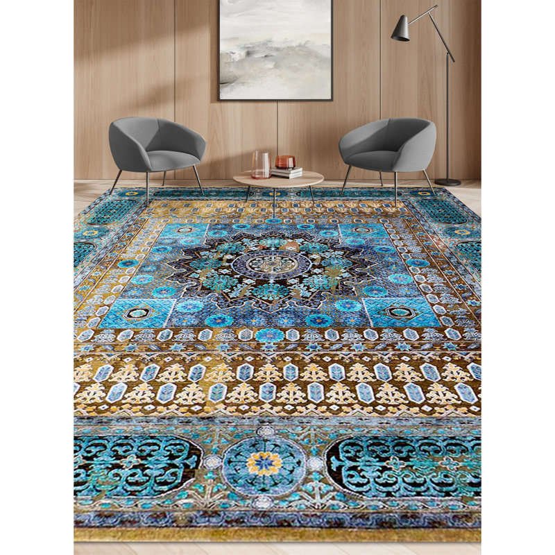 Oriental Area Rug in Camel/Blue, Rectangle 5' x 8'
